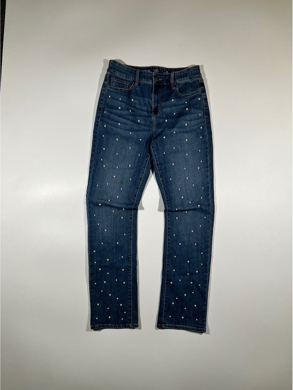 St Johns Bay Pearl Studded Jeans Size 6 Dark Wash Straight Leg Denim
